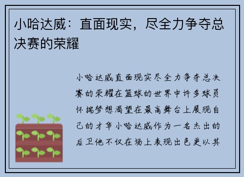 小哈达威：直面现实，尽全力争夺总决赛的荣耀
