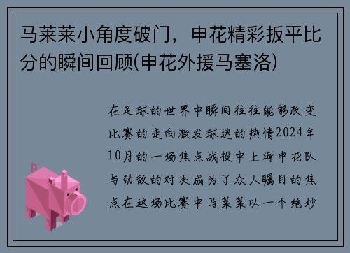 马莱莱小角度破门，申花精彩扳平比分的瞬间回顾(申花外援马塞洛)