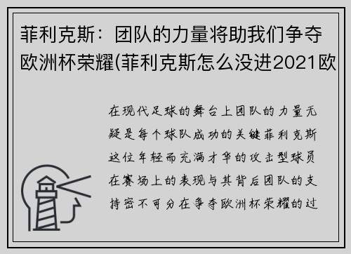 菲利克斯：团队的力量将助我们争夺欧洲杯荣耀(菲利克斯怎么没进2021欧洲杯)