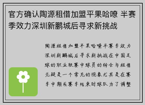 官方确认陶源租借加盟平果哈嘹 半赛季效力深圳新鹏城后寻求新挑战