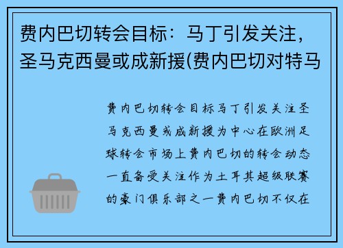 费内巴切转会目标：马丁引发关注，圣马克西曼或成新援(费内巴切对特马卡比)
