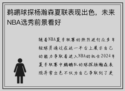 鹈鹕球探杨瀚森夏联表现出色，未来NBA选秀前景看好